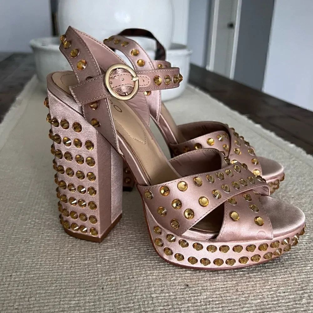 ALDO Block Heels Blush Rhinestone Platform Shoes Color Pale Pink Satin Size 7.5